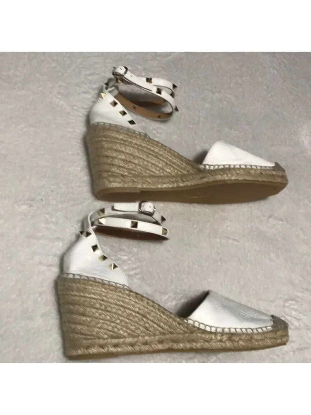 Anthropologie Maypol White Studded Ankle-Strap Wedge Espadrilles Sz 9M